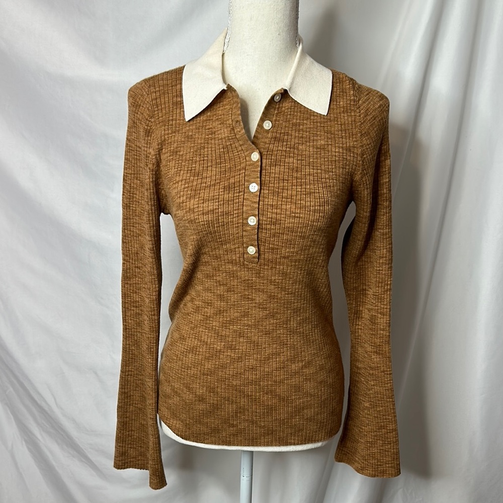 LOFT Light Brown and Cream Collar Ribbed Long Sleeve Polo Shirt